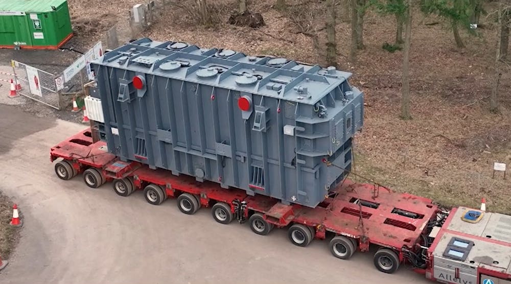 A photograph of a similar-sized transformer arriving at Alyth Substation earlier this year.