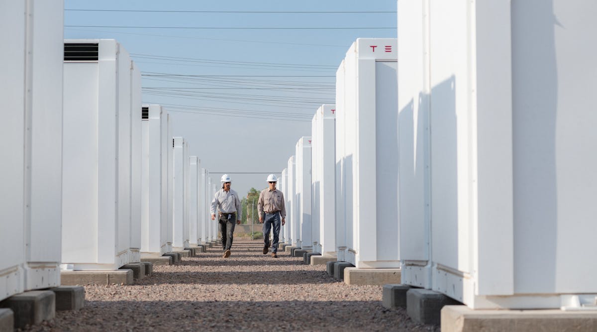 SRP&apos;s Bolster substation battery system uses a series of batteries connected directly to the energy grid. The batteries can be recharged overnight then discharged during peak energy usage periods.