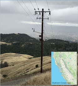 PG&amp;E weather station installed on Mt. Diablo in the East Bay Area. Inset map shows PG&amp;E&rsquo;s weather station coverage of ~1500 weather stations.