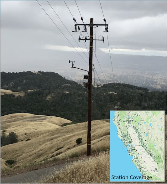 PG&amp;E weather station installed on Mt. Diablo in the East Bay Area. Inset map shows PG&amp;E&rsquo;s weather station coverage of ~1500 weather stations.