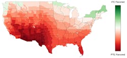 Figure 2: ITC LCOEs vs PTC LCOEs at full credit values for select US geographies Figure 2: ITC LCOEs vs PTC LCOEs at full credit values for select US geographies