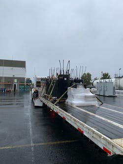 A flatbed truckload of transformers is en route to SCE's Antelope Valley Service Center to be used for storm repairs. A flatbed truckload of transformers is en route to SCE's Antelope Valley Service Center to be used for storm repairs.