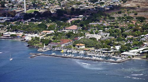 Aerial of Lahaina Harbor on the island of Maui.