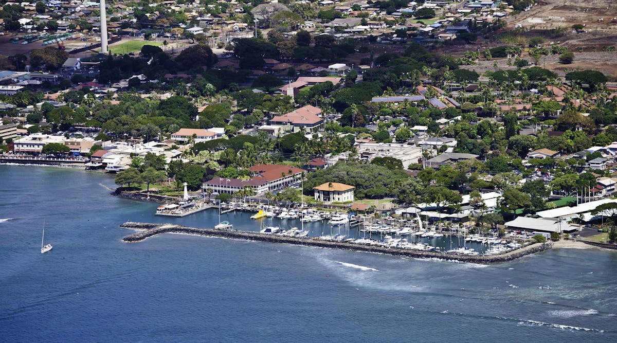 Aerial of Lahaina Harbor on the island of Maui.