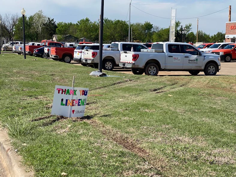 At OG&amp;E&rsquo;s Shawnee Service Center on April 23, community members posted a sign to express love and encouragement to the linemen who worked around the clock to restore power.
