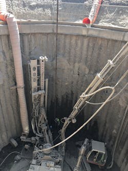 Belgium: Construction of one of the access shafts of the tunnel under the Meuse River and Albert canal: installation of concrete pilings to stabilize the surrounding soil and allow digging to occur. Belgium: Construction of one of the access shafts of the tunnel under the Meuse River and Albert canal: installation of concrete pilings to stabilize the surrounding soil and allow digging to occur.