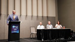 Beehler reminds the audience that the industry sets many goals related to carbon, net zero energy, renewable integration and electrification of transportation, and that the industry benefits from the discussion and debate. Courtesy of Mike Beehler. Beehler reminds the audience that the industry sets many goals related to carbon, net zero energy, renewable integration and electrification of transportation, and that the industry benefits from the discussion and debate. Courtesy of Mike Beehler.