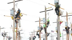 The journeyman lineworker teams had to compete in full fall protection in teams of three at the 2023 International Lineman’s Rodeo. The journeyman lineworker teams had to compete in full fall protection in teams of three at the 2023 International Lineman’s Rodeo.