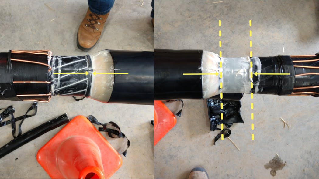 Case Study 2 common splice installation defect type 2: Uncentered splice body. No gap (left) and too large of a gap (right) which misalign the stress control and yield voids under the splice body and result in substandard performance.
