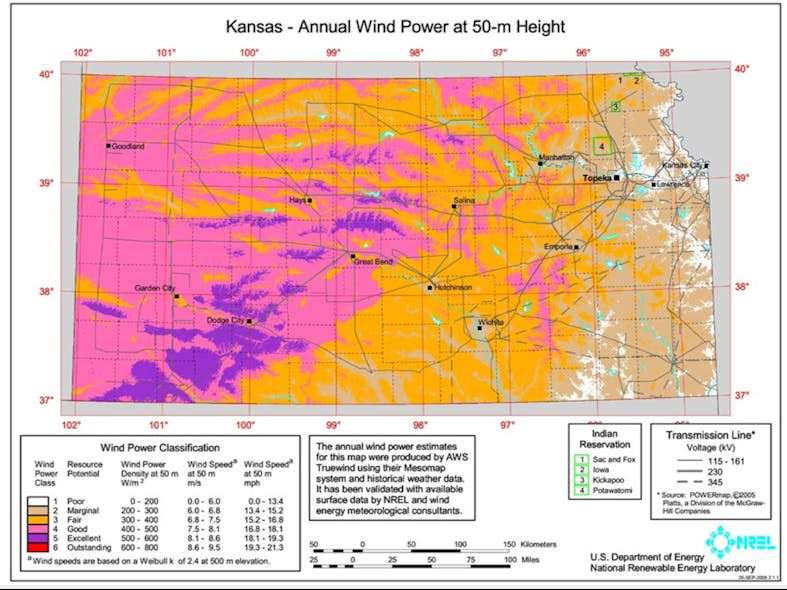 Map shows annual average wind speed in Kansas at 30 m.