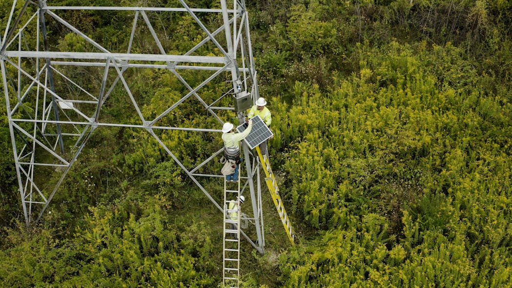 Installation of dynamic line rating equipment. DLR is a technology that enables high-fidelity calculations of how much energy can be moved through a power line at a specific time based on ambient and line conditions.