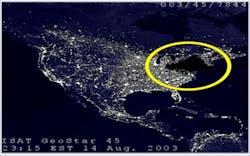 Night view showing the geographical impact of the 2003 Northeast blackout. Night view showing the geographical impact of the 2003 Northeast blackout.