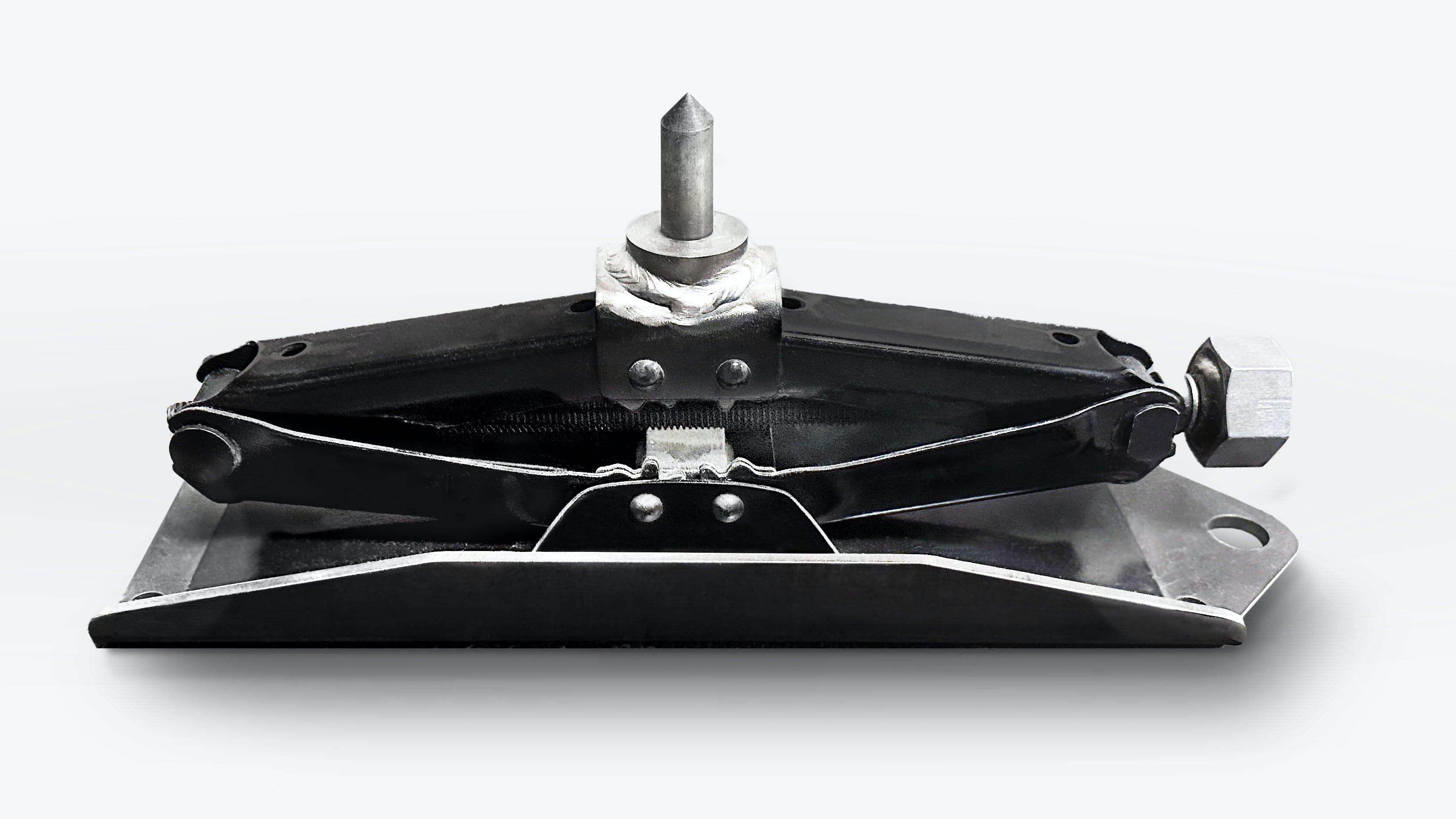 Lineworkers can use three of these temporary supports to brace against the wall of the hole. The top point then pushes into the pole. The adjustment bolt on the right is pointed toward the top of the hole so a lineworker can adjust the jack with a drill with an extension.