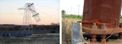 Left - Failed steel lattice tower. Right - Collapsed weathering steel pole Left - Failed steel lattice tower. Right - Collapsed weathering steel pole