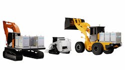 This image shows how the batteries are swapped between vehicles, in this case, an excavator, compact loader and wheel loader. This image shows how the batteries are swapped between vehicles, in this case, an excavator, compact loader and wheel loader.