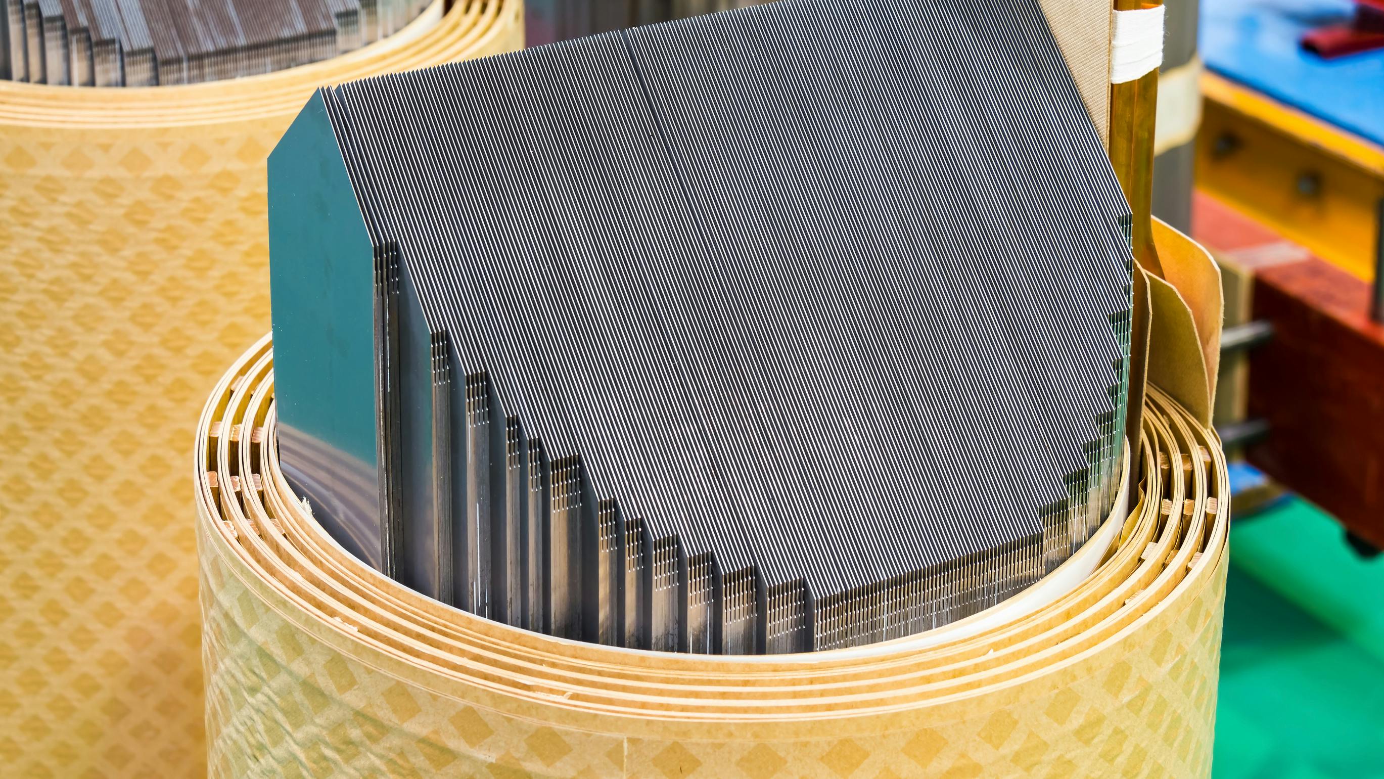 The core of a power transformer, made of specially milled electrical steel.