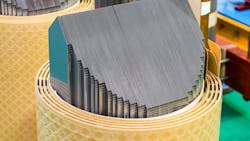 The core of a power transformer, made of specially milled electrical steel. The core of a power transformer, made of specially milled electrical steel.