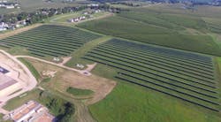 Drone shot of 5.4 MWdc Brewster community solar project located in ComEd&rsquo;s northern Illinois service territory.