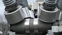 The bands on this circuit breaker tank are heating elements, which keep the SF6 gas inside warm in the dead of winter. The bands on this circuit breaker tank are heating elements, which keep the SF6 gas inside warm in the dead of winter.