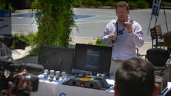Brad Koelling, PG&E Senior Manager, Grid Design, explains the ground-level distribution system, which packages cable in conduit in a specially molded tray. Brad Koelling, PG&E Senior Manager, Grid Design, explains the ground-level distribution system, which packages cable in conduit in a specially molded tray.