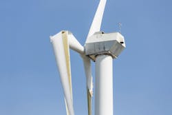 Lightning damage to wind turbine, causing the fiberglass composite blades to wilt and break. Lightning damage to wind turbine, causing the fiberglass composite blades to wilt and break.