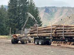 Logs from fuel reduction efforts being loaded on trucks for transport to community firewood bank programs. Photo by D. Southard.