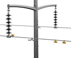 Image depicting the Aeolus&circledR; system&apos;s advanced sensor nodes installed on an overhead transmission line. Once installed, the sensor nodes automatically measure all forms of wind-induced conductor motion, including aeolian vibration and high-amplitude conductor motion such as galloping.