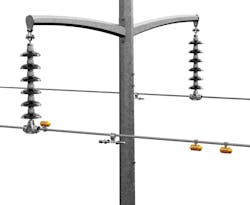 Image depicting the Aeolus® system's advanced sensor nodes installed on an overhead transmission line. Once installed, the sensor nodes automatically measure all forms of wind-induced conductor motion, including aeolian vibration and high-amplitude conductor motion such as galloping. Image depicting the Aeolus® system's advanced sensor nodes installed on an overhead transmission line. Once installed, the sensor nodes automatically measure all forms of wind-induced conductor motion, including aeolian vibration and high-amplitude conductor motion such as galloping.