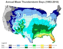 This map shows the annual number of thunderstorm days in the United States. This map shows the annual number of thunderstorm days in the United States.