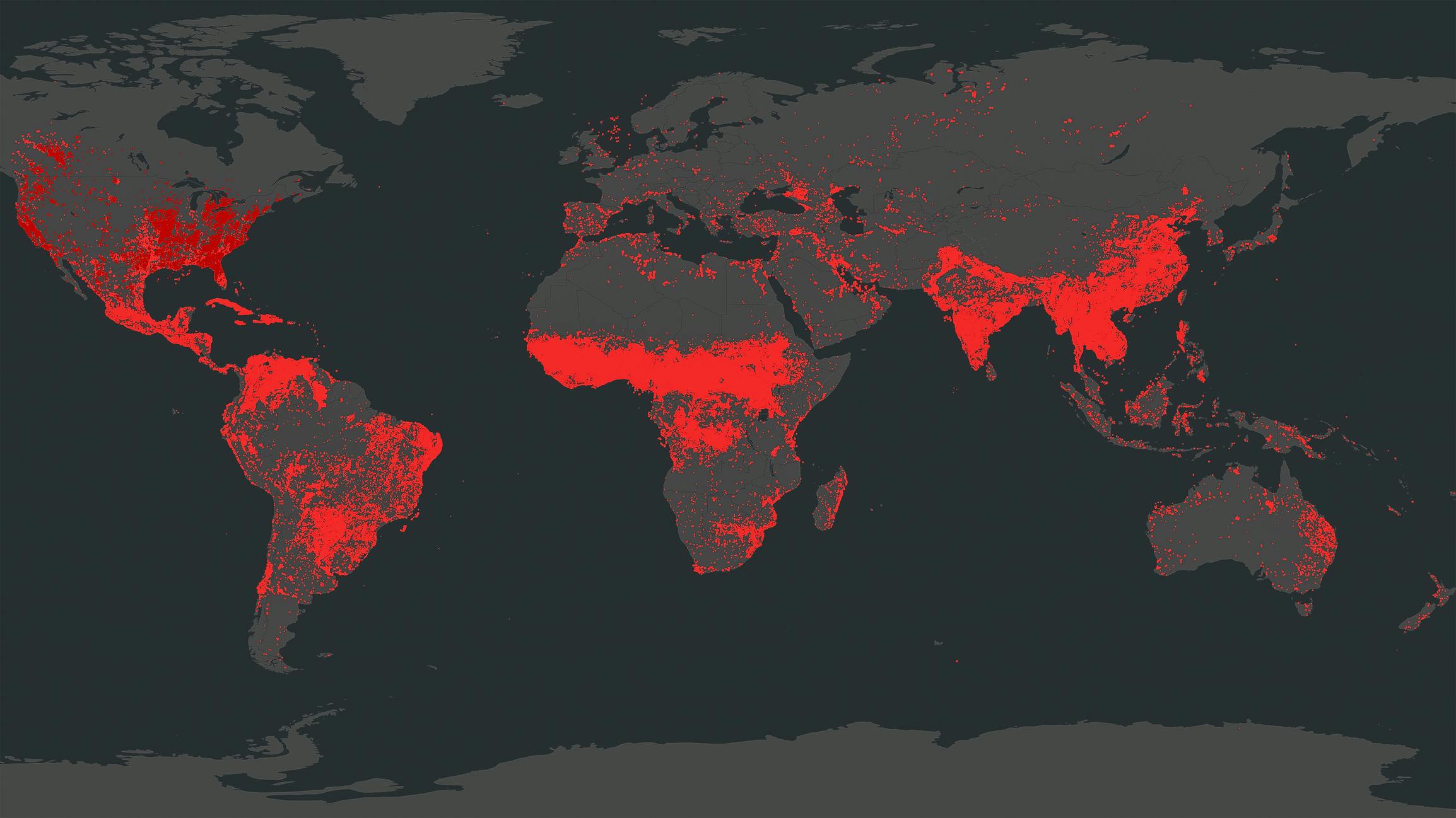 World map of all continents showing cumulative wildfires as red dots by NASA FIRMS satellite wildfire detection service for January 2023.