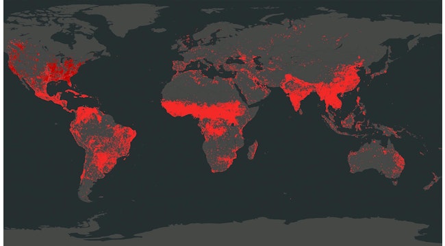 World map of all continents showing cumulative wildfires as red dots by NASA FIRMS satellite wildfire detection service for January 2023.