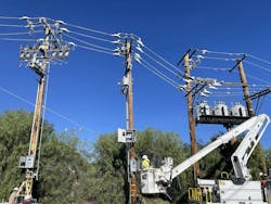 An overhead Isolation Bank for repid earth fault current limiter (REFCL) on feeder to detect, reduce and isolate ground fault before becoming an ignition. Photo by SCE. An overhead Isolation Bank for repid earth fault current limiter (REFCL) on feeder to detect, reduce and isolate ground fault before becoming an ignition. Photo by SCE.