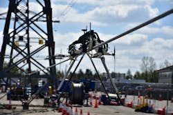 During tests at the Keltbray training yards, the rotor-powered drone was able to lift the robot and maneuver them into place on earth wires in about a minute and a half, or about 500 per day, including recording the positions of the diverters using GPS. During tests at the Keltbray training yards, the rotor-powered drone was able to lift the robot and maneuver them into place on earth wires in about a minute and a half, or about 500 per day, including recording the positions of the diverters using GPS.