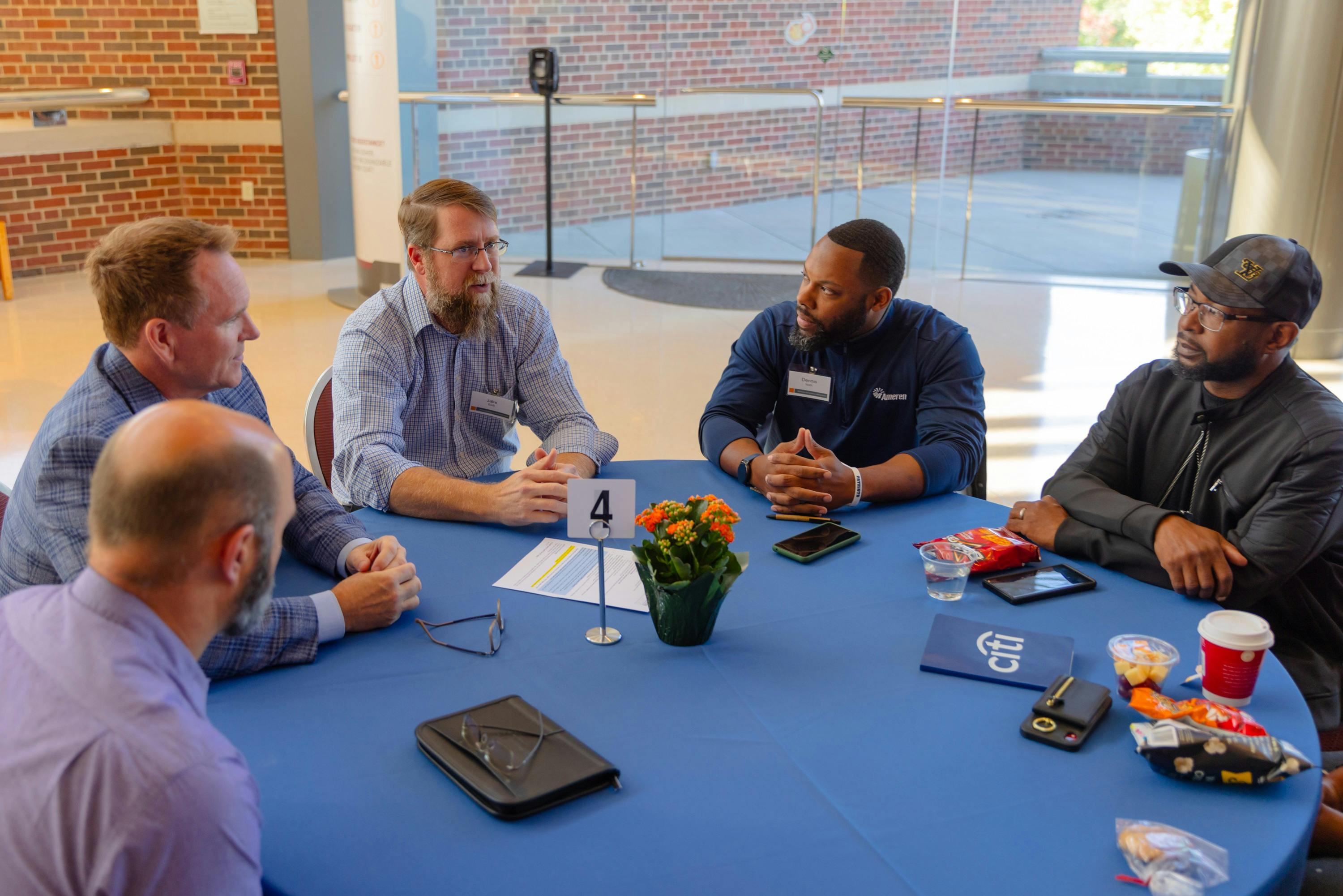 Ameren and community leaders came together in October for the 2023 DE&I Leadership Summit in St. Louis. Brad Kloeppel, senior director, Gas Operations, Ameren Illinois; Jake Bodi, director, Customer Operations, Ameren, and Dennis Isom, senior safety supervisor, Corporate Safety, Ameren; and others have a discussion that reinforces why strengthening diversity, equity and inclusion enriches every company, community and life.