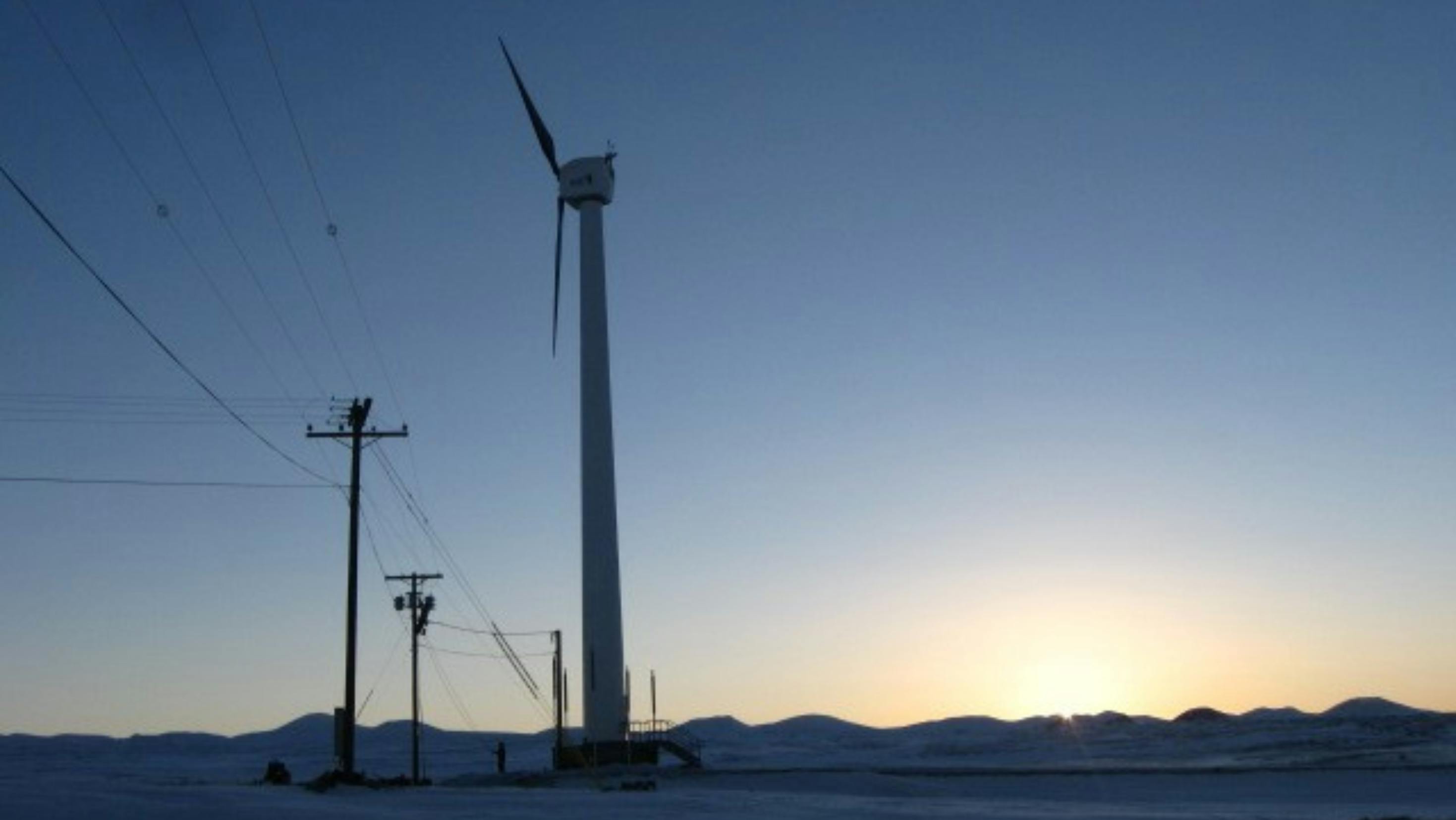 Distribution lines connect a wind turbine.