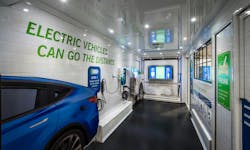 The EV Garage is mobile and frequently goes on the road — it attaches to the back of a truck to move from place to place. The EV Garage is mobile and frequently goes on the road — it attaches to the back of a truck to move from place to place.