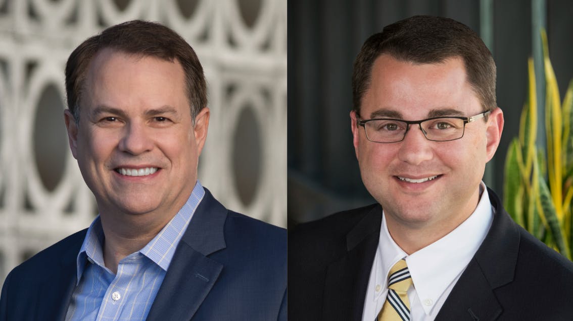 Jeff Guldner, left, will step aside for Ted Geisler at the end of March.