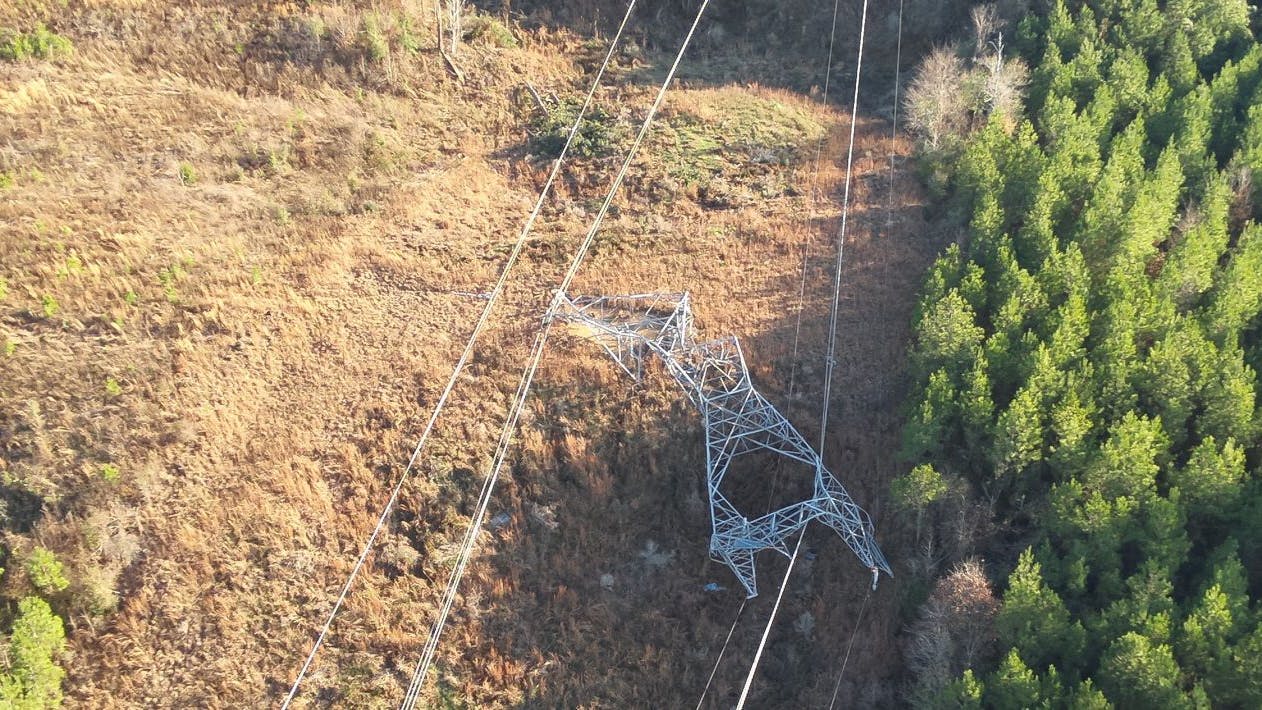 Downed transmission structure in Franklin County, MS.