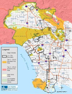 A map of Tier 2 and Tier 3, elevated and extreme high-risk fire areas. LADWP Widlfire Mitigation Plan. A map of Tier 2 and Tier 3, elevated and extreme high-risk fire areas. LADWP Widlfire Mitigation Plan.