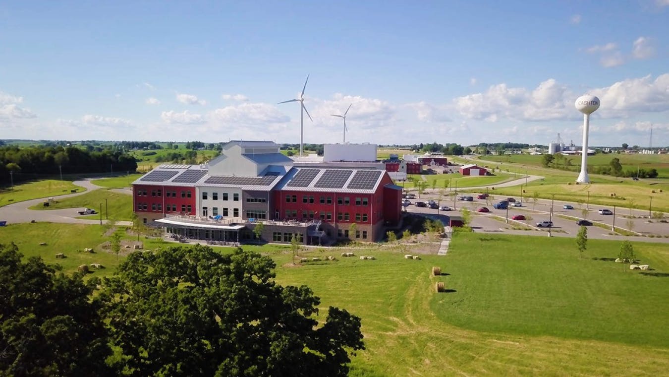 Rooftop solar and distributed wind systems at CROPP Cooperative in Monroe, WI.