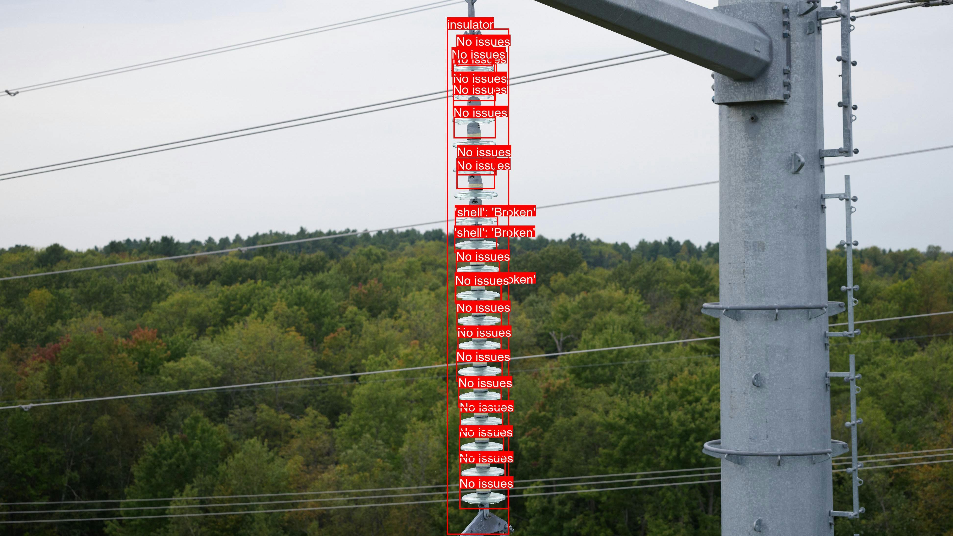 Insulators on the NYPA lattice tower transmission line show visibly broken insulator shells and petticoats.