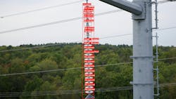 Insulators on the NYPA lattice tower transmission line show visibly broken insulator shells and petticoats. Insulators on the NYPA lattice tower transmission line show visibly broken insulator shells and petticoats.