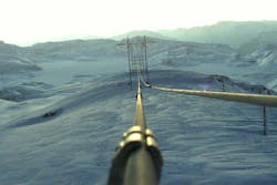 A damaged power line shows a corona discharge. A damaged power line shows a corona discharge.