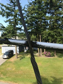 Guy wires are a common RFI source. After a past attempt to insulate the downguy from the neutral failed, the resulting contact led to degradation of the neutral conductor, arcing and RFI. This was found during an RFI investigation. Guy wires are a common RFI source. After a past attempt to insulate the downguy from the neutral failed, the resulting contact led to degradation of the neutral conductor, arcing and RFI. This was found during an RFI investigation.