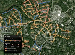 AiDASH IVMS software shows vegetation risk levels along segments of the network. AiDASH IVMS software shows vegetation risk levels along segments of the network.