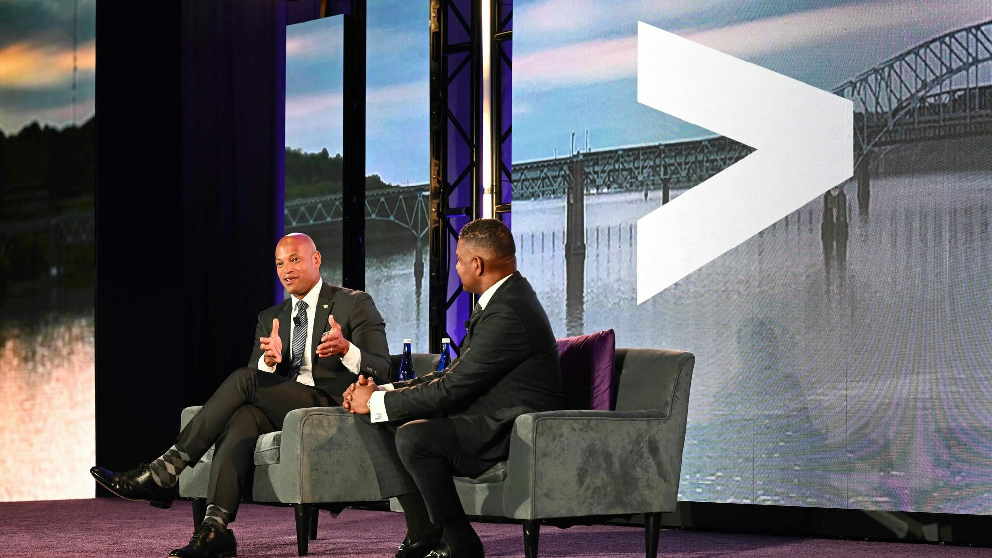 Exelon President and CEO Calvin Butler and Maryland Gov. Wes Moore discuss energy affordability and reliability on stage at Accenture&rsquo;s IUEC 2025.