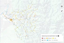 A heat map shows areas with high encroachment risk with power lines. A heat map shows areas with high encroachment risk with power lines.