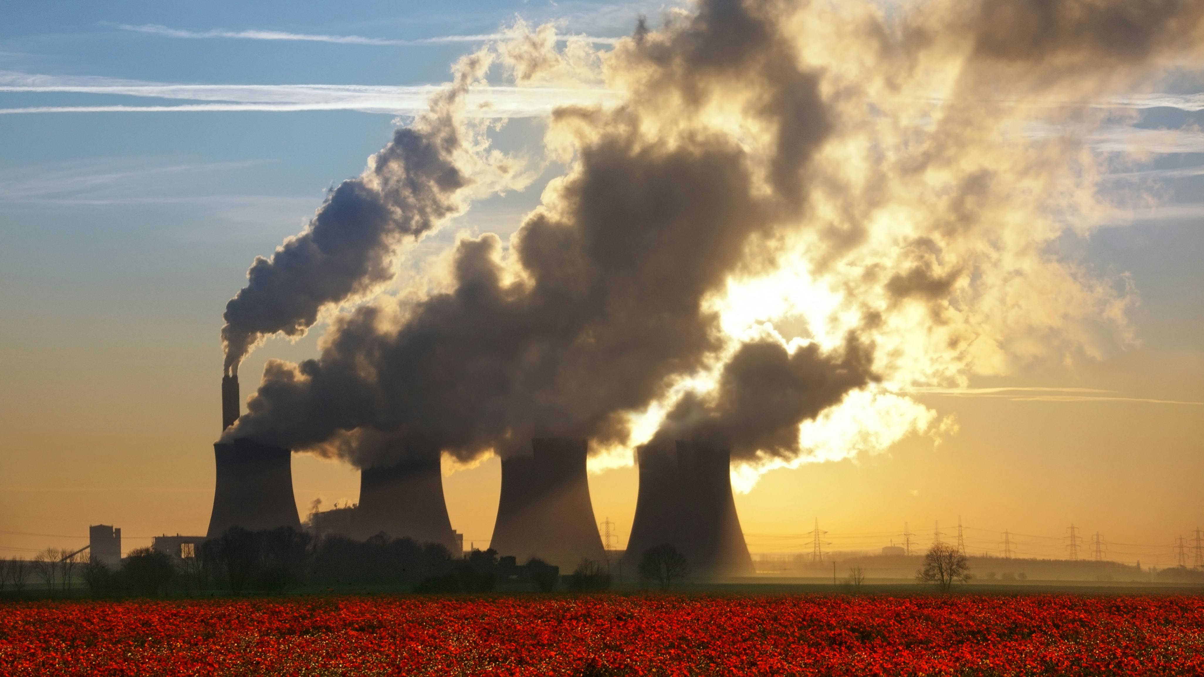 Cooling towers of a coal-fired power plant near a poppy field in Lincolnshire in the United Kingdom.