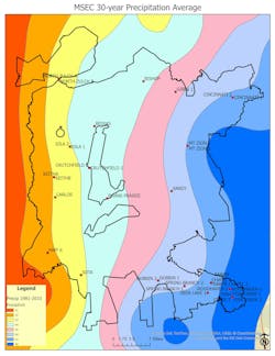 Figure 6. Precipitation (30-year average) in the MSEC service territory. Figure 6. Precipitation (30-year average) in the MSEC service territory.