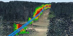 Figure 8. This close-up of a LiDAR point cloud shows vegetation encroachment, June 2024. Figure 8. This close-up of a LiDAR point cloud shows vegetation encroachment, June 2024.